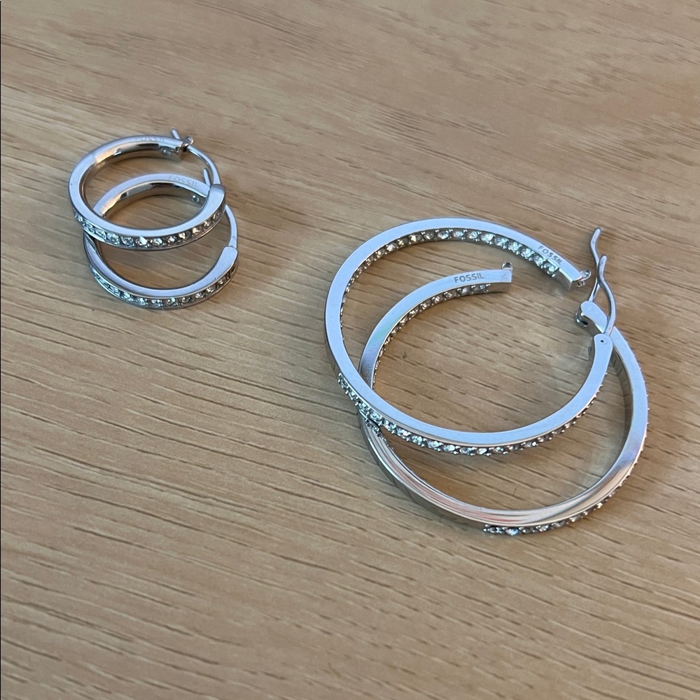 Fossil Silver and Crystal Hoop Earrings